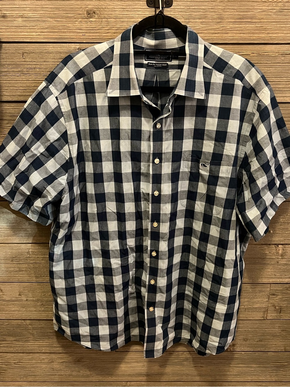 Vineyard Vines Navy and Light Blue Gingham Short-Sleeve Button-Down Shirt
